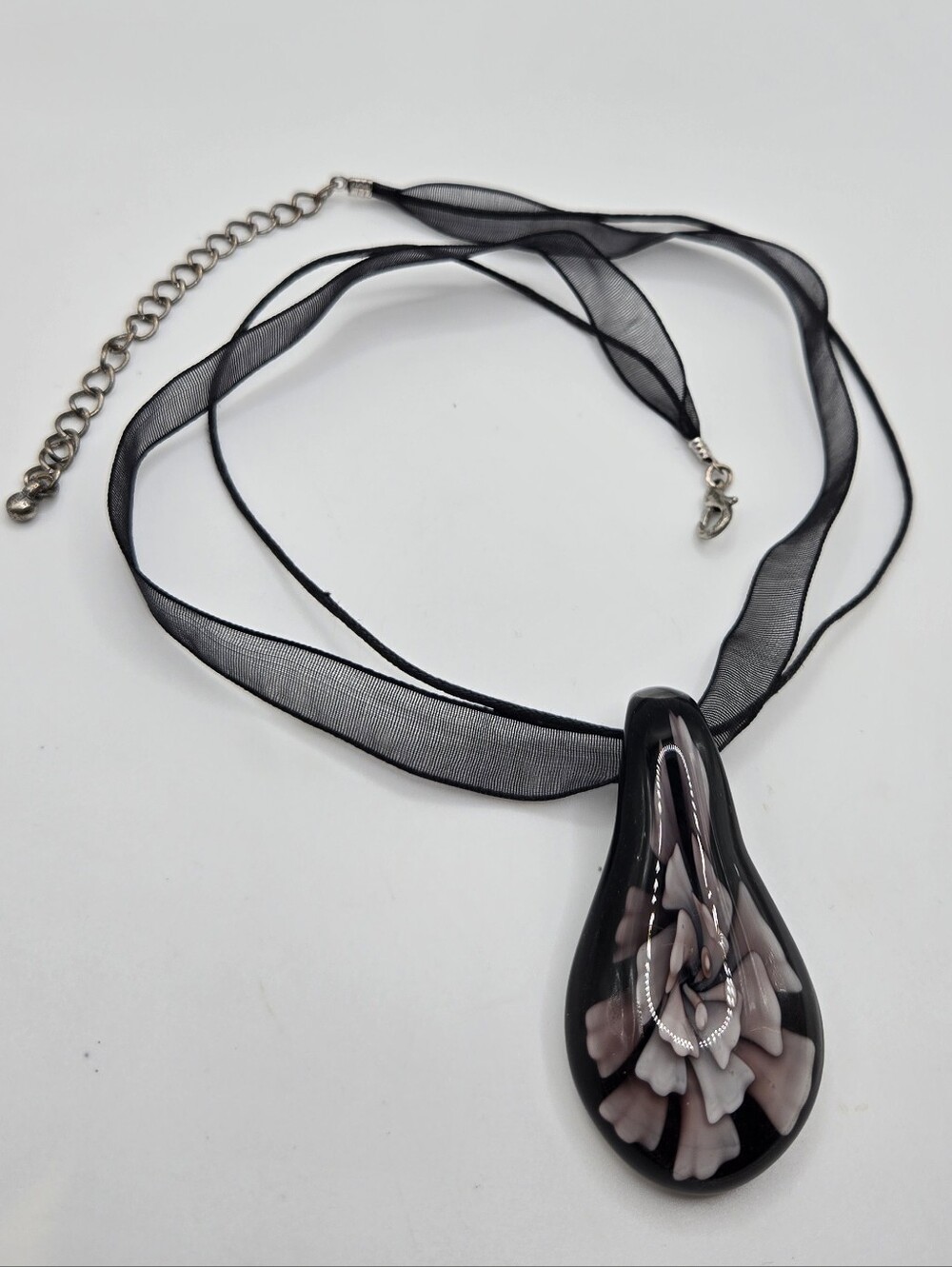 Gothic Black Glass Flower Choker Necklace 18" Y2k Whimsigoth Vampire Ribbon Cord
